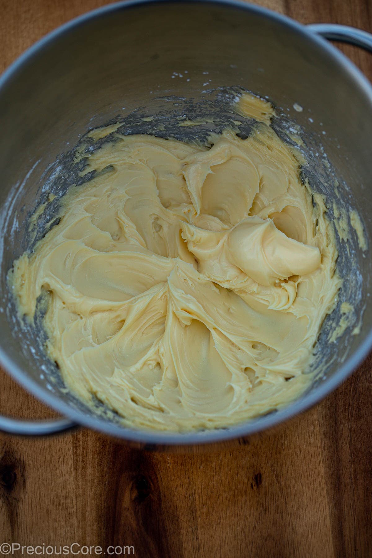 Butter and sugar creamed in the bowl of a stand-mixer.