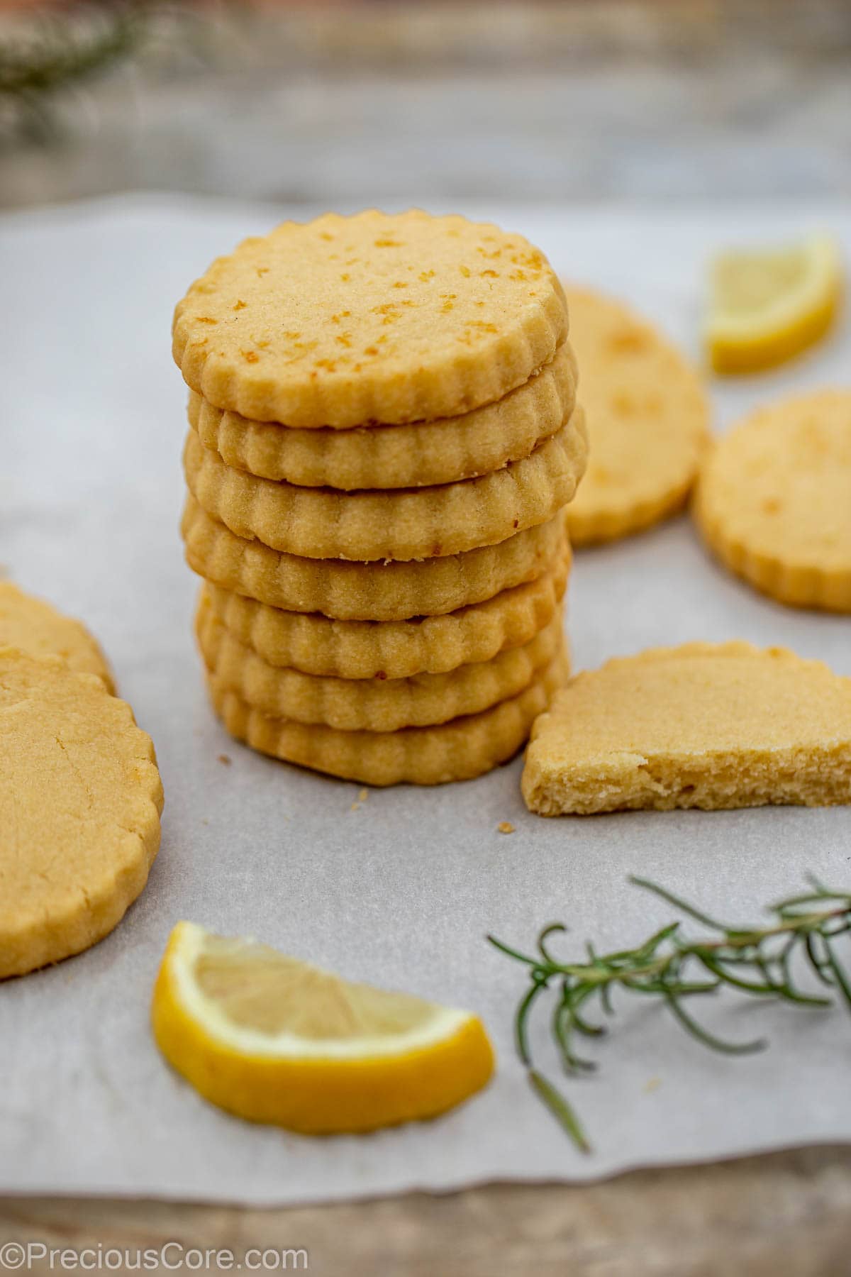 A stack of lemon shortbread cookies.