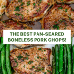 Two pictures of Pan Seared Boneless Pork Chops.