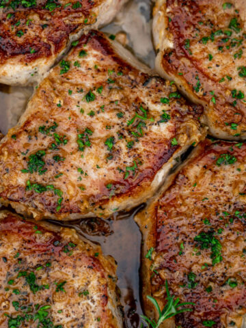 Square image of pan seared boneless pork chops.