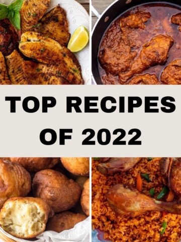Collage of 4 pictures of food, including Jollof Rice, Pan Seared Tilapia African Chicken Stew, and Banana Fritters.
