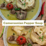Collage of 2 pictures of meat pepper soup.