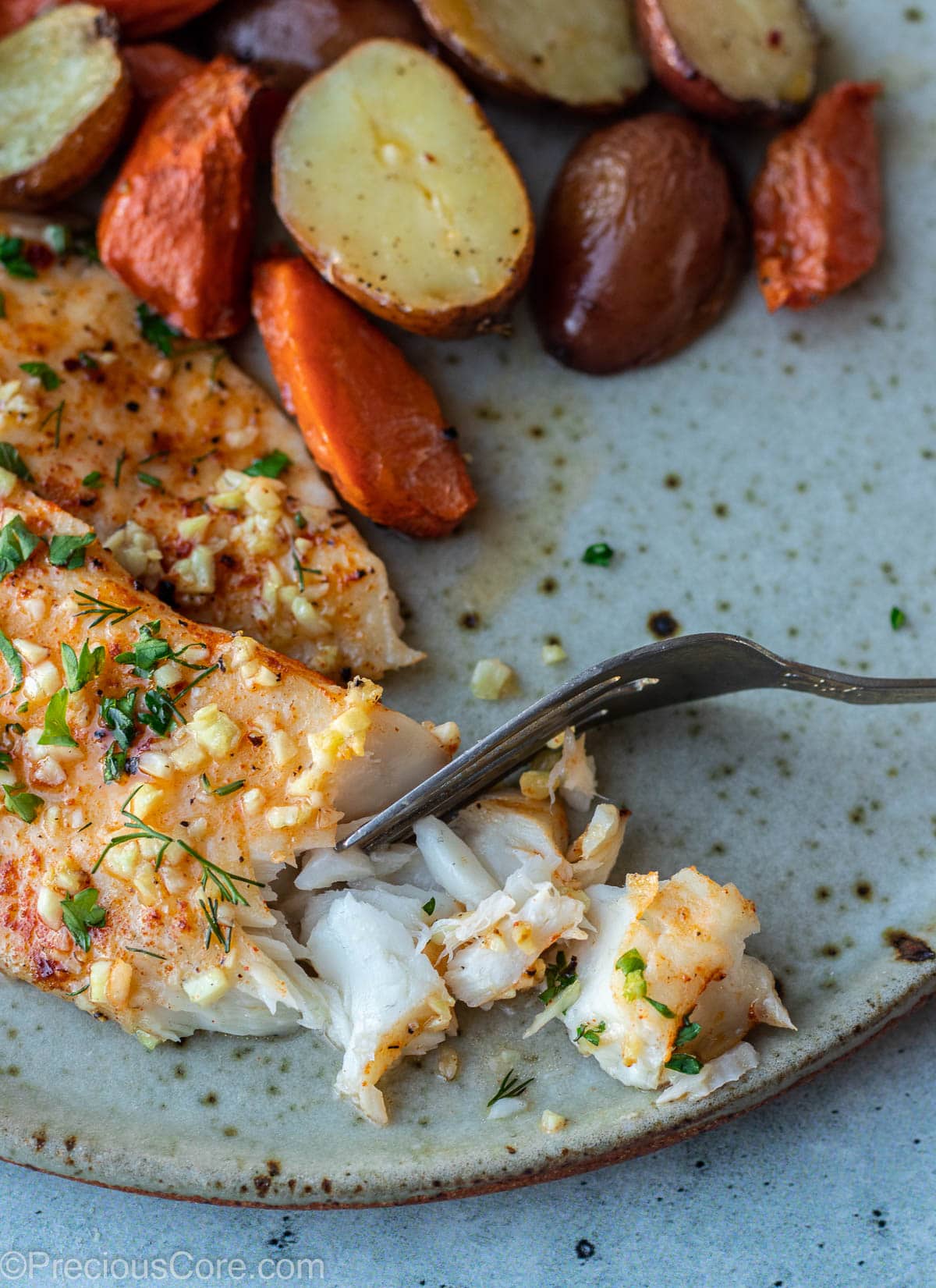 Flaky fish on a plate.