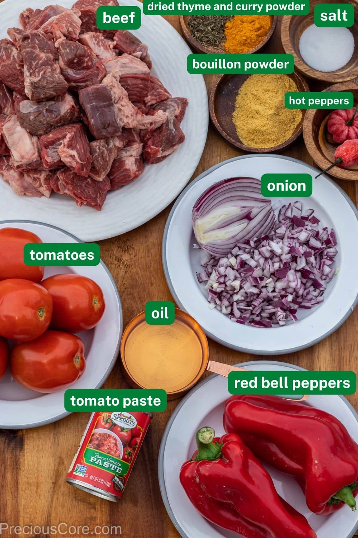 Ingredients for Nigerian Beef Stew With Labels