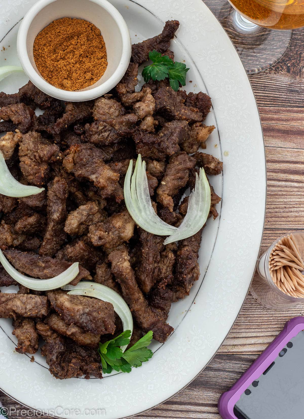 Bite size pieces pof Cameroonian soya on a platter.