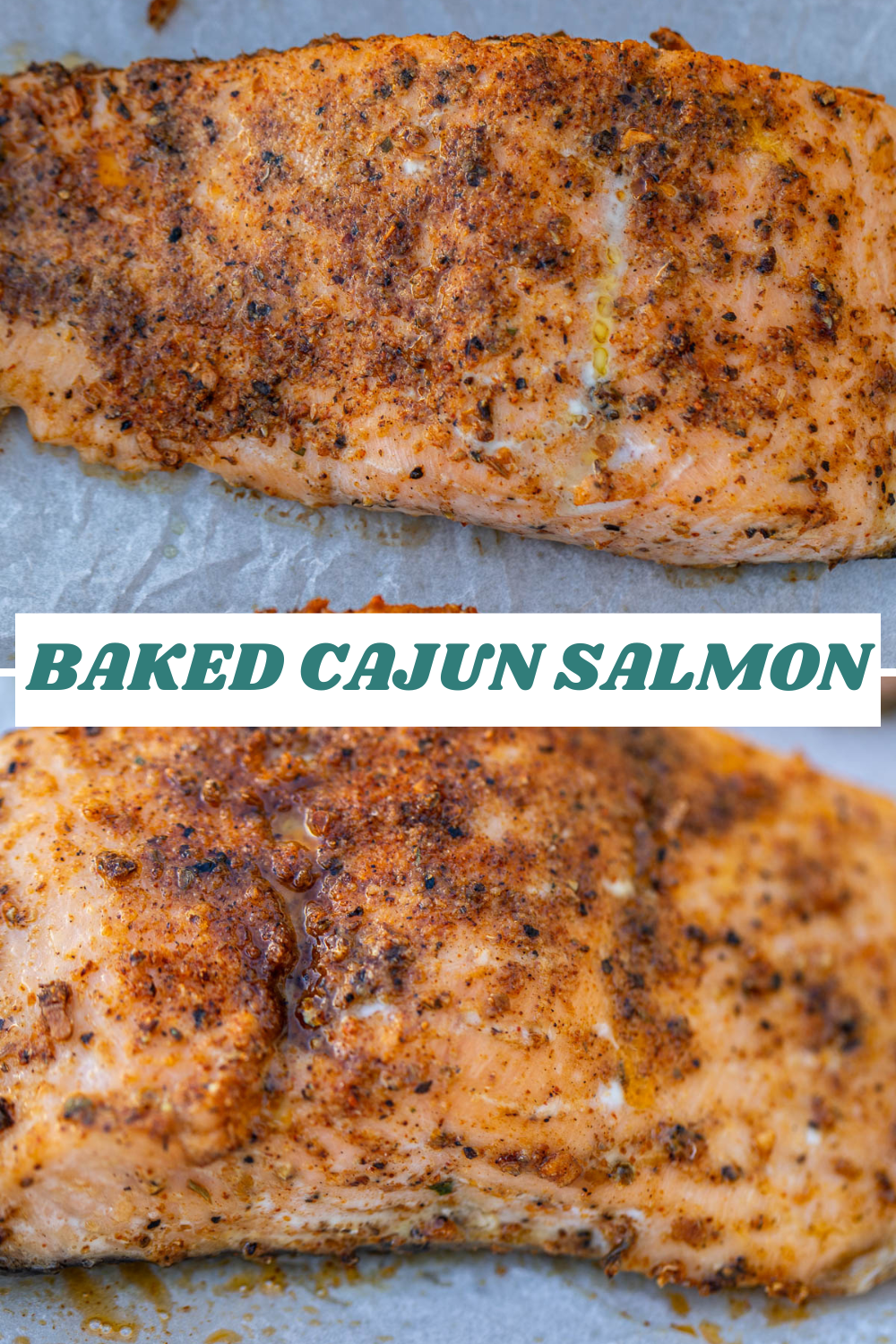 Collage of two photos of baked salmon.