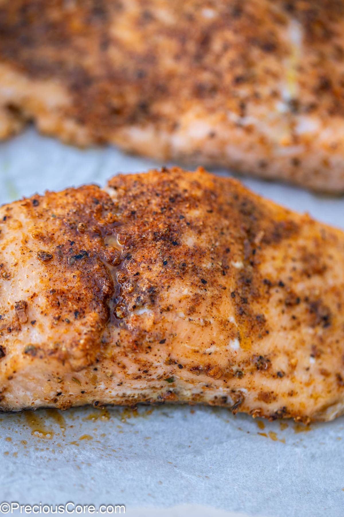 Close up shot of baked salmon.