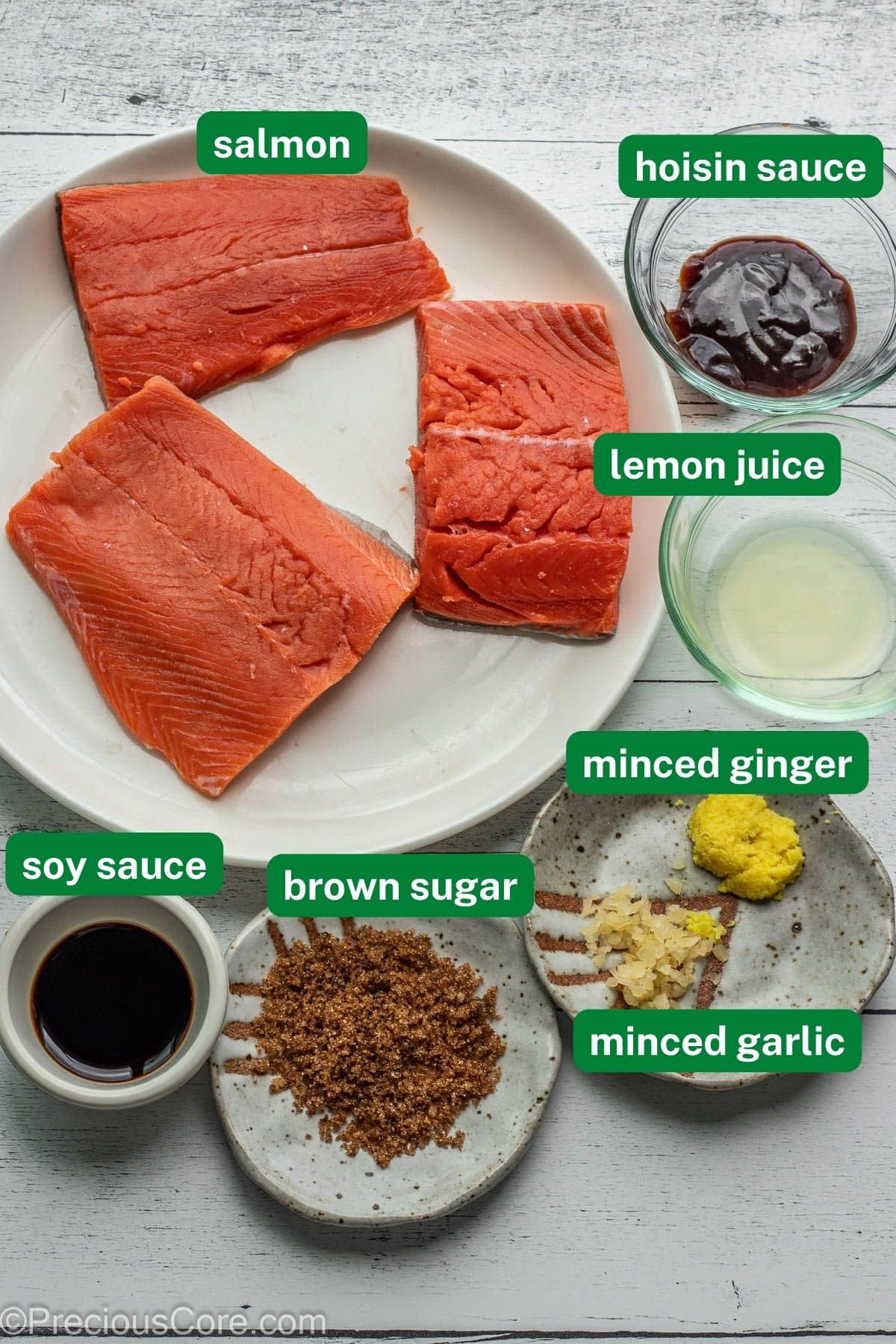 Ingredients for teriyaki salmon with labels.