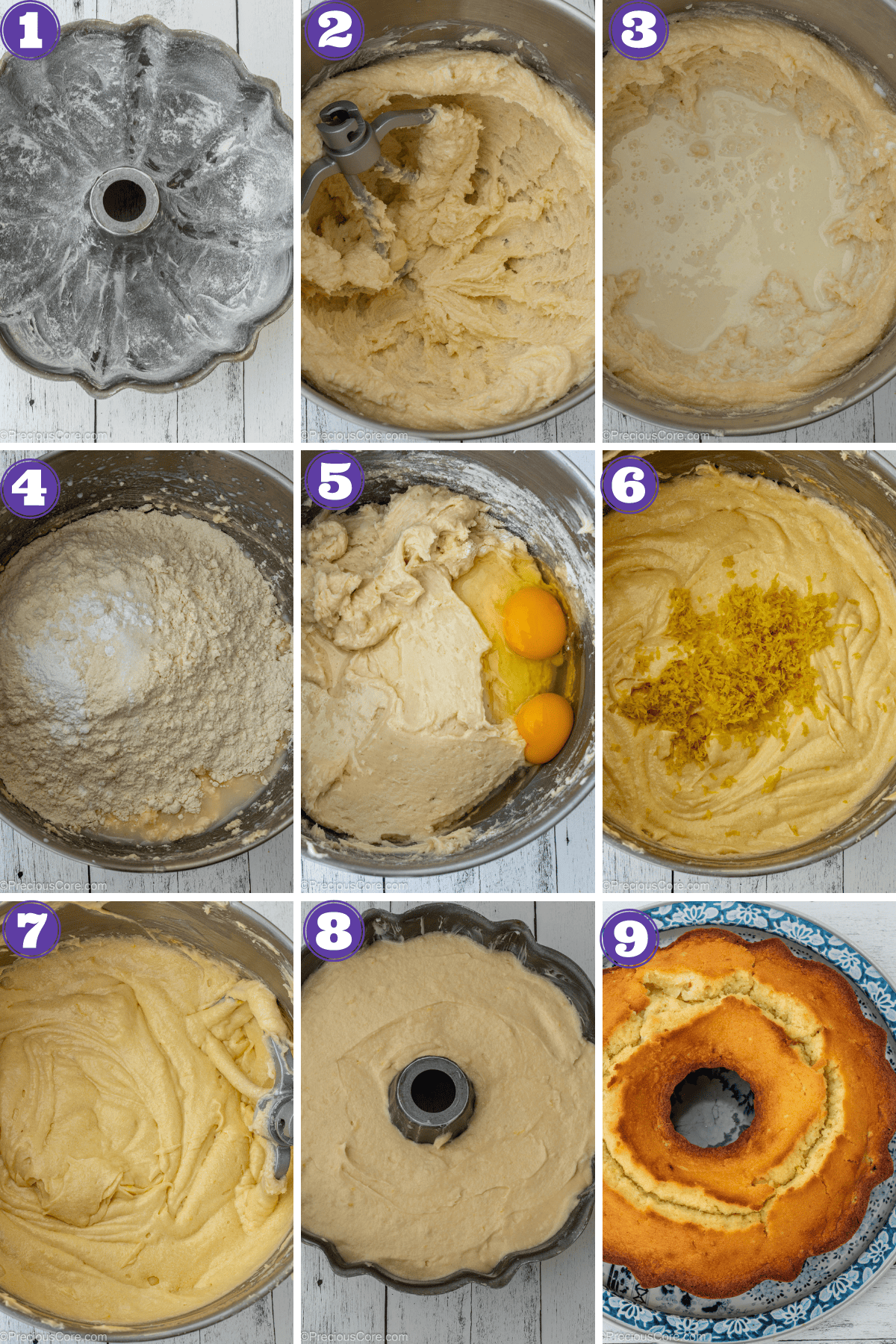 Step by step pictures for making lemon pound cake.