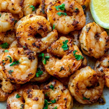 Square image of shrimp on pan.