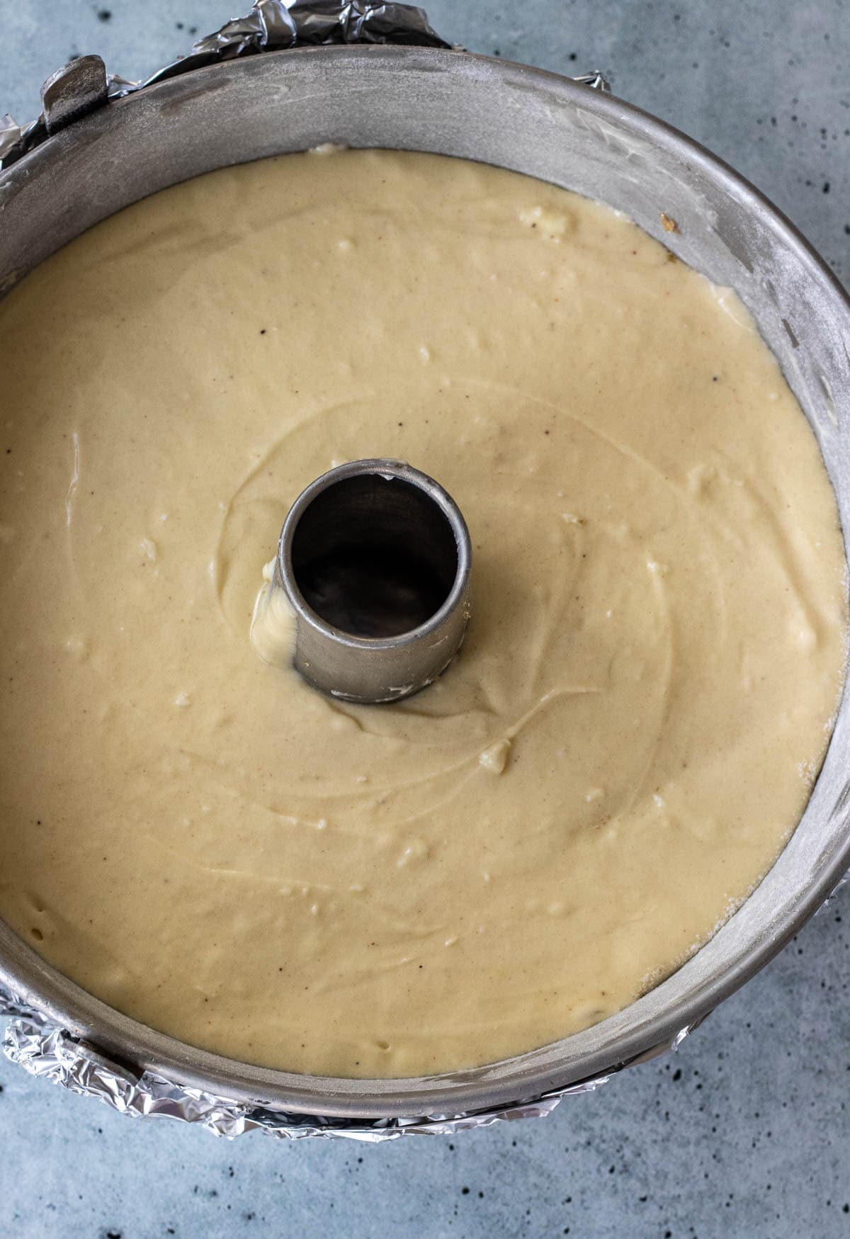 Pound cake batter in a baking pan.