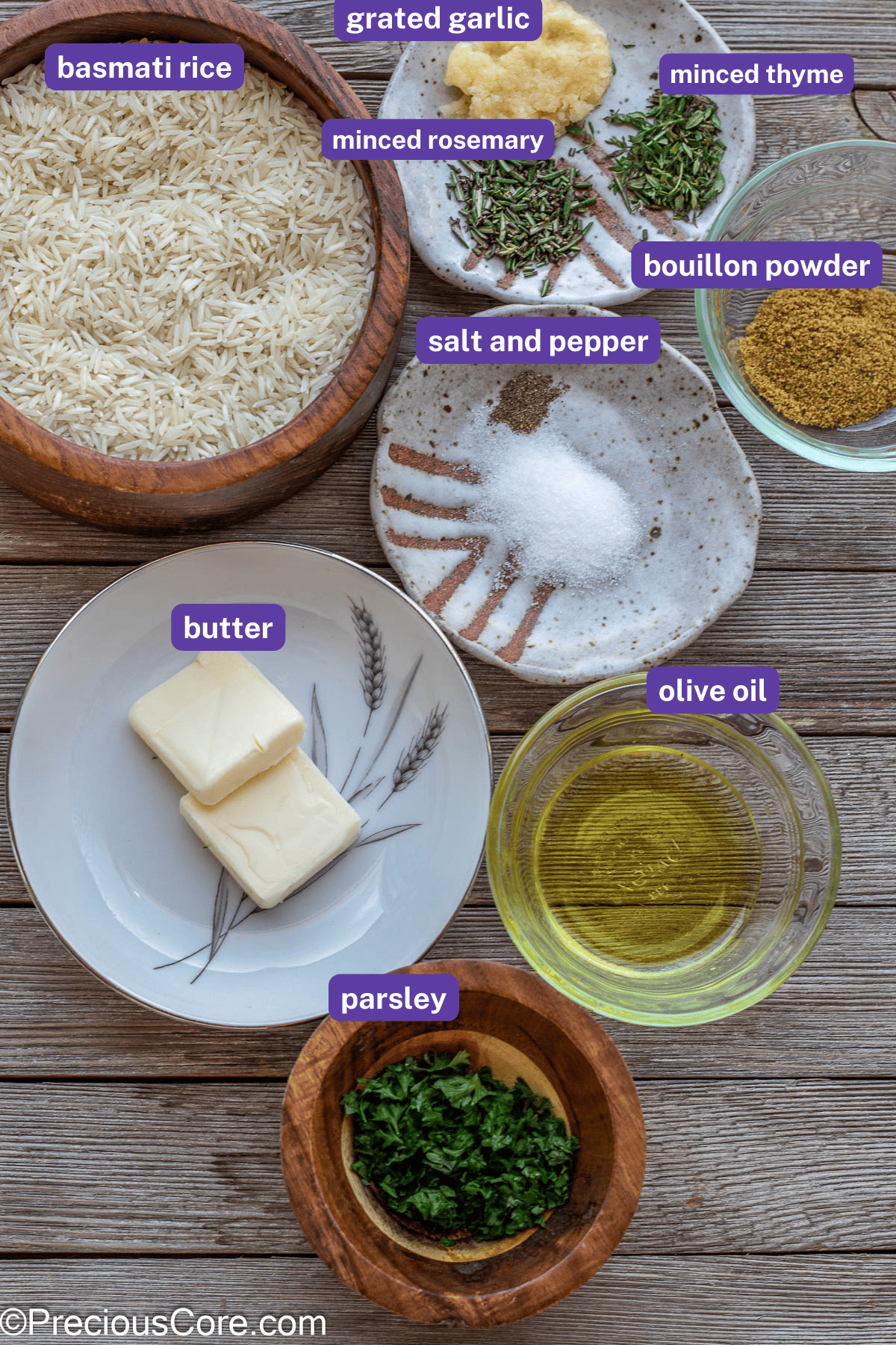 Prepped ingredients for garlic herb rice with labels to explain each ingredient.