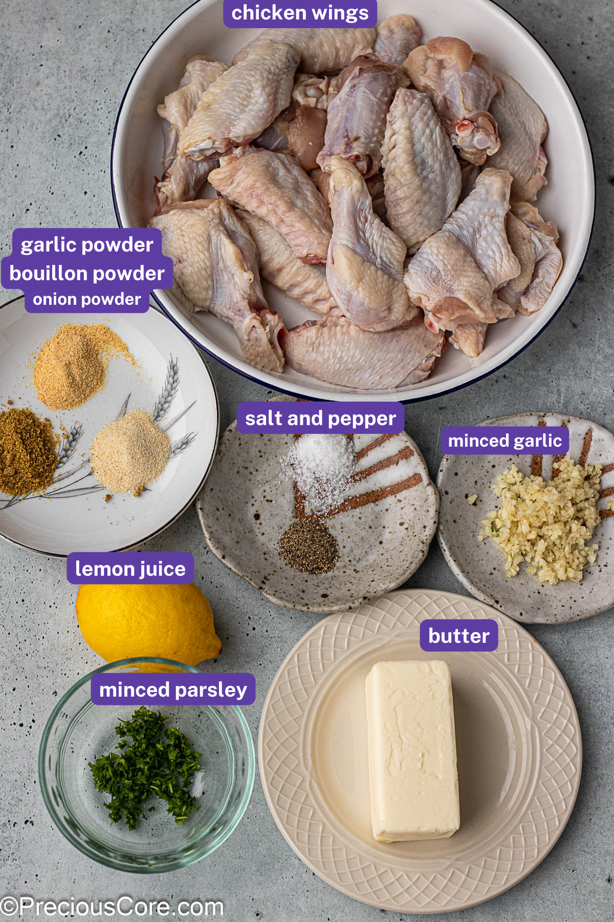 Ingredients for garlic butter chicken wings with labels to explain each ingredient.
