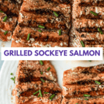 Grilled sockeye salmon on a plate.