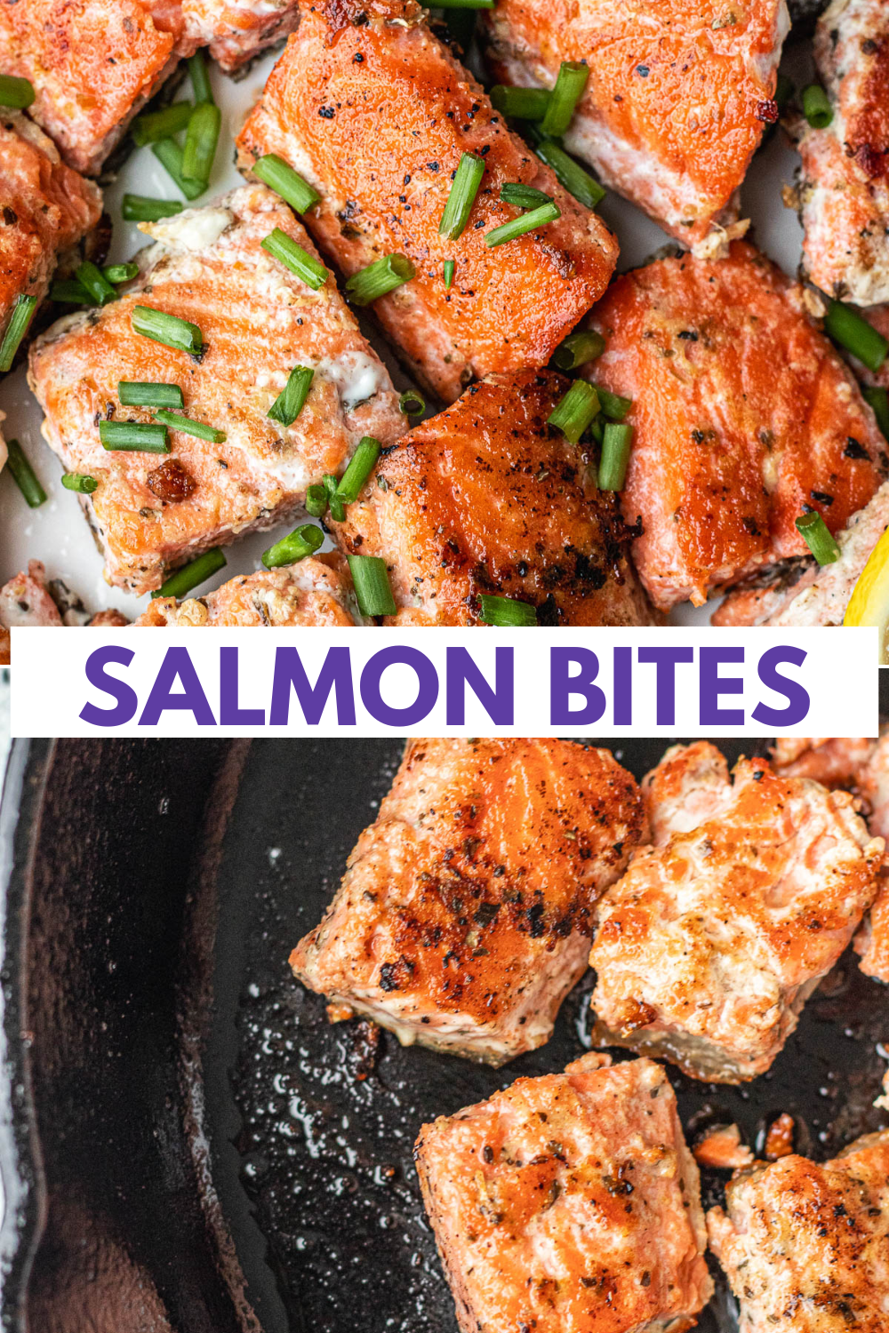 Salmon Bites in a skillet and on a plate.