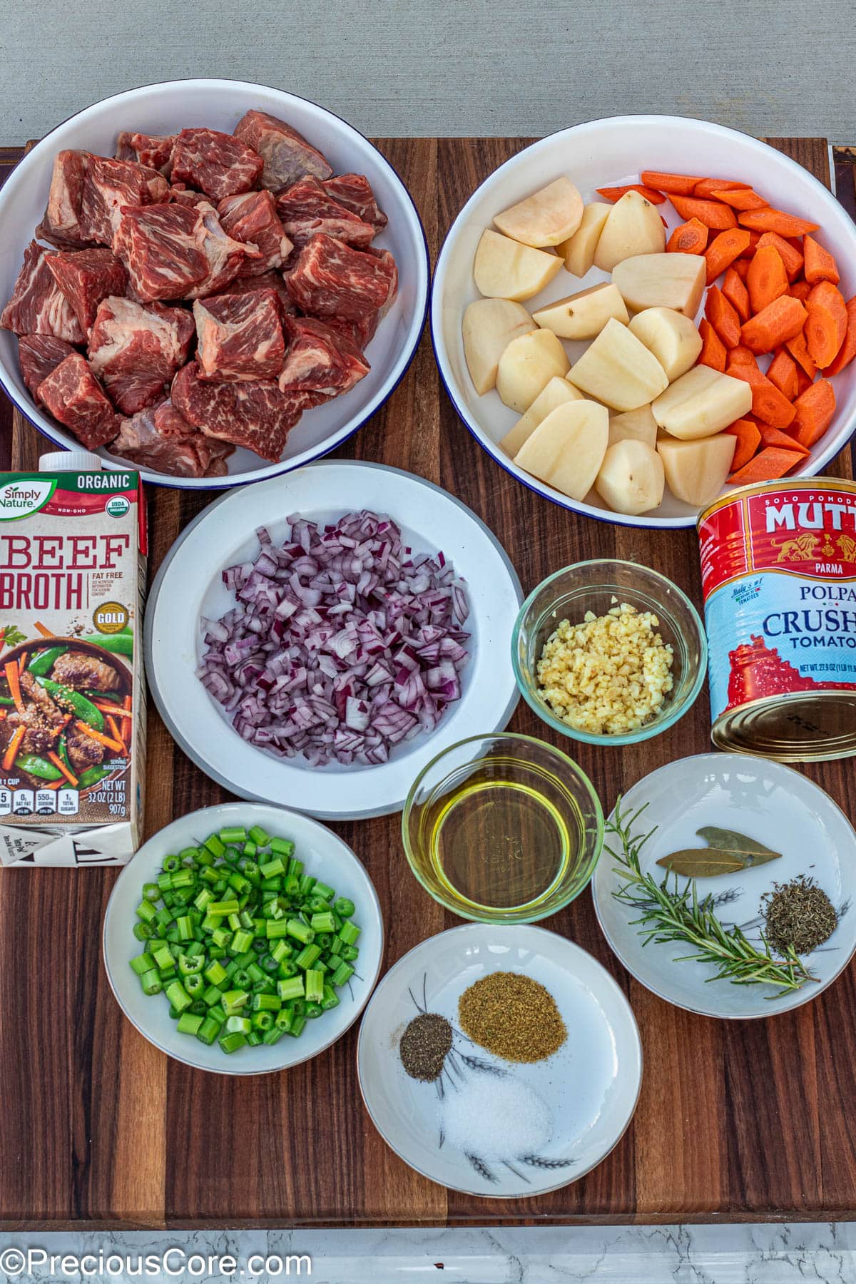 Ingredients for beef stew without wine or flour.