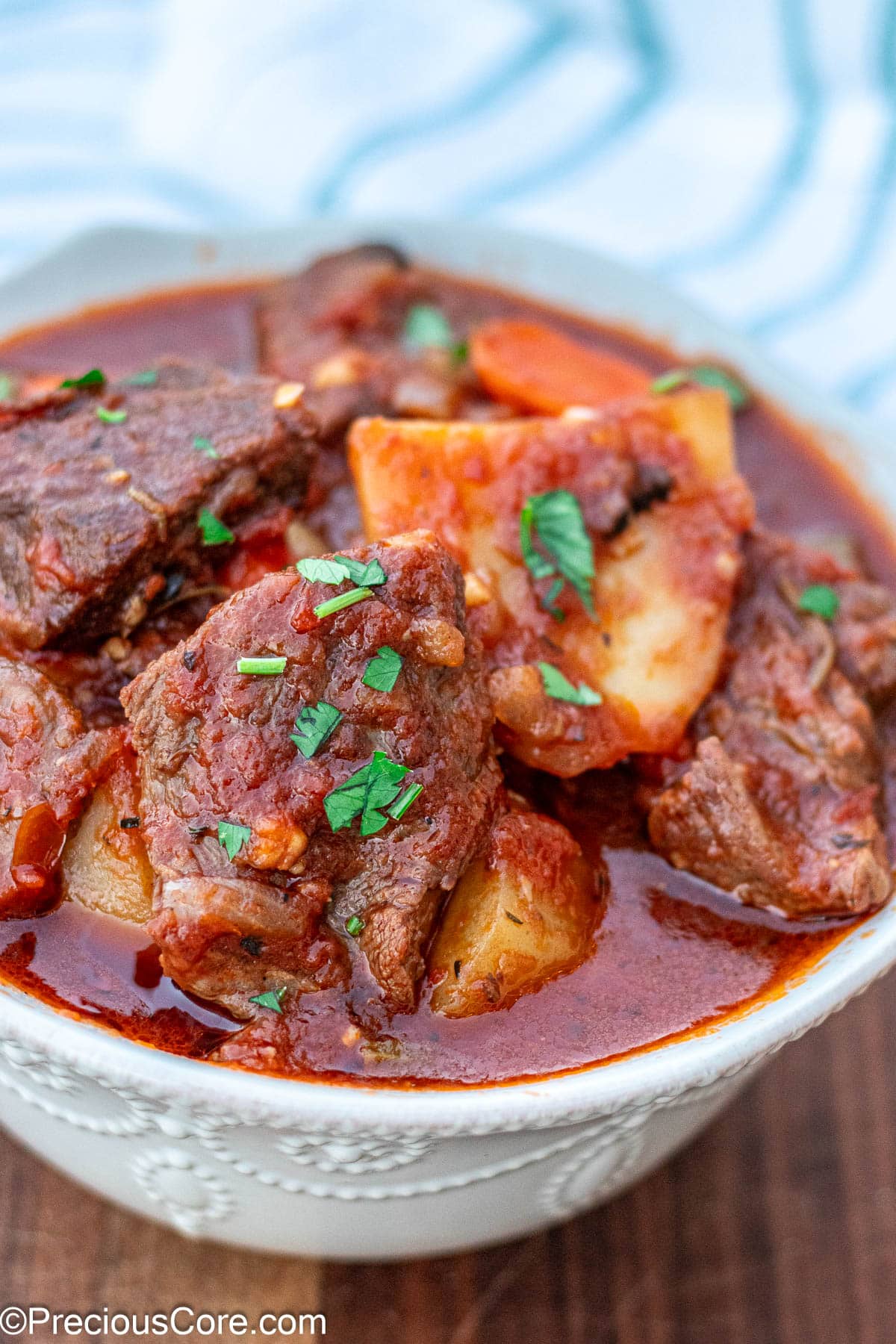 Beef Stew Without Wine in white bowl.