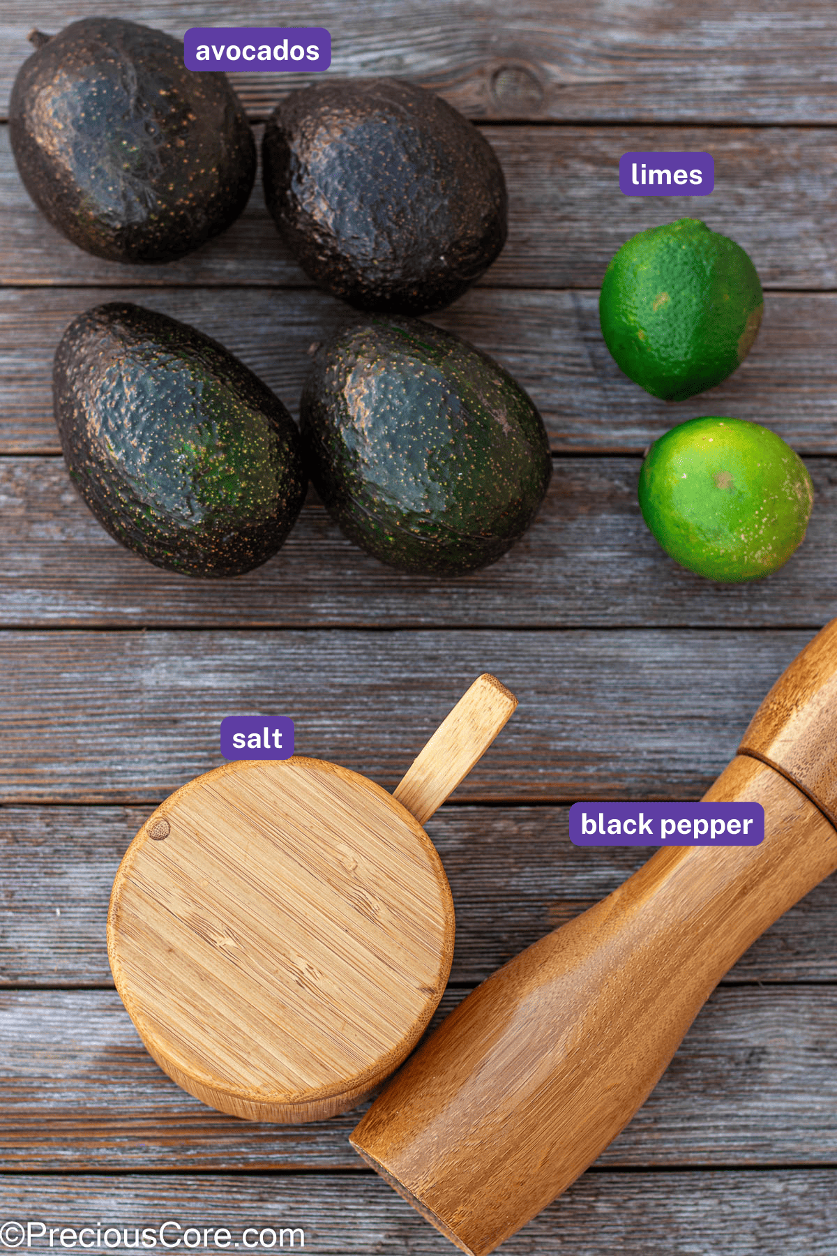 Guacamole ingredients with labels.
