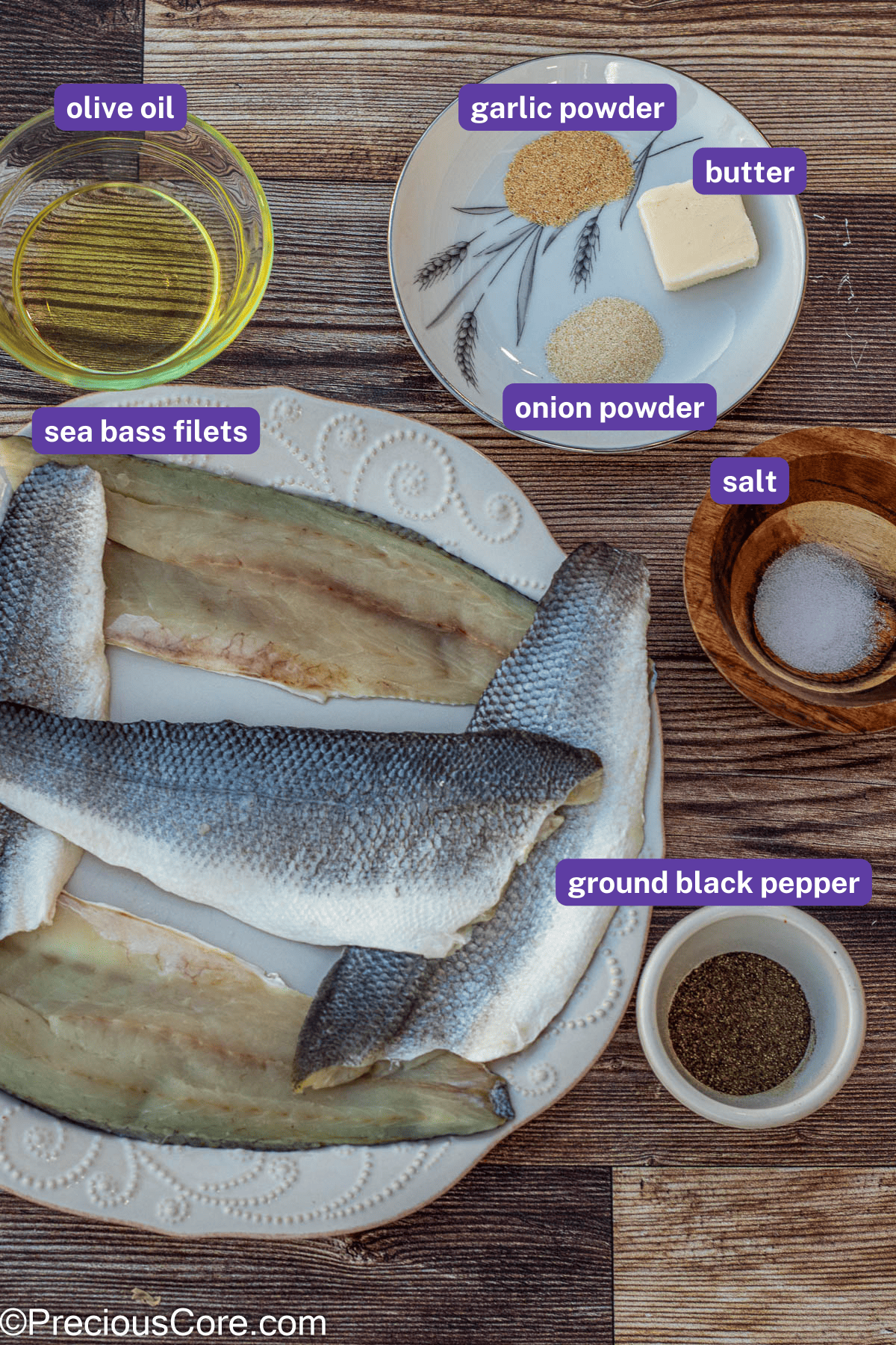 Ingredients for Pan Seared Sea Bass with labels.