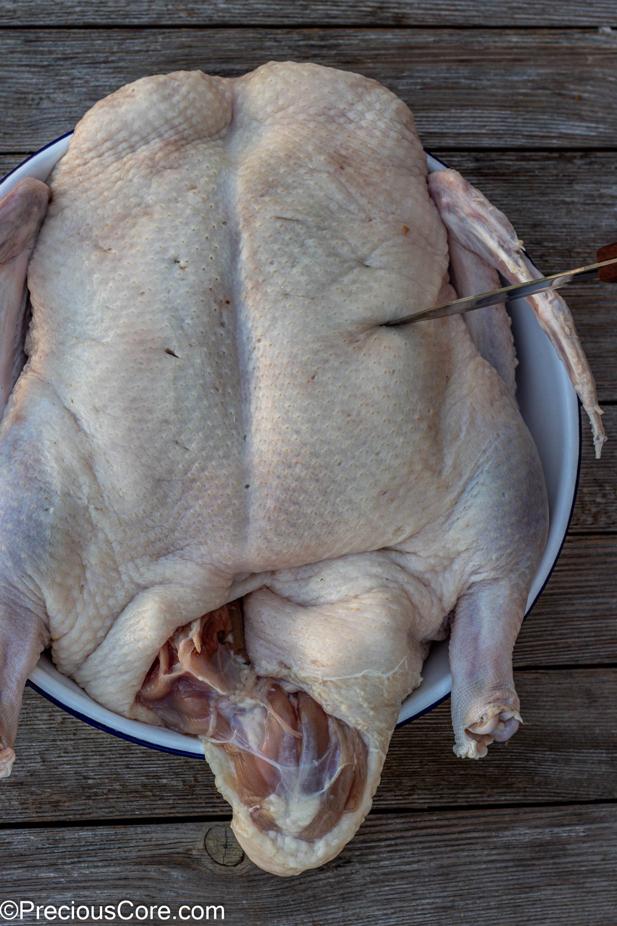 Small knife making cuts on duck.