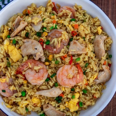 Square image of shrimp and chicken fried rice.
