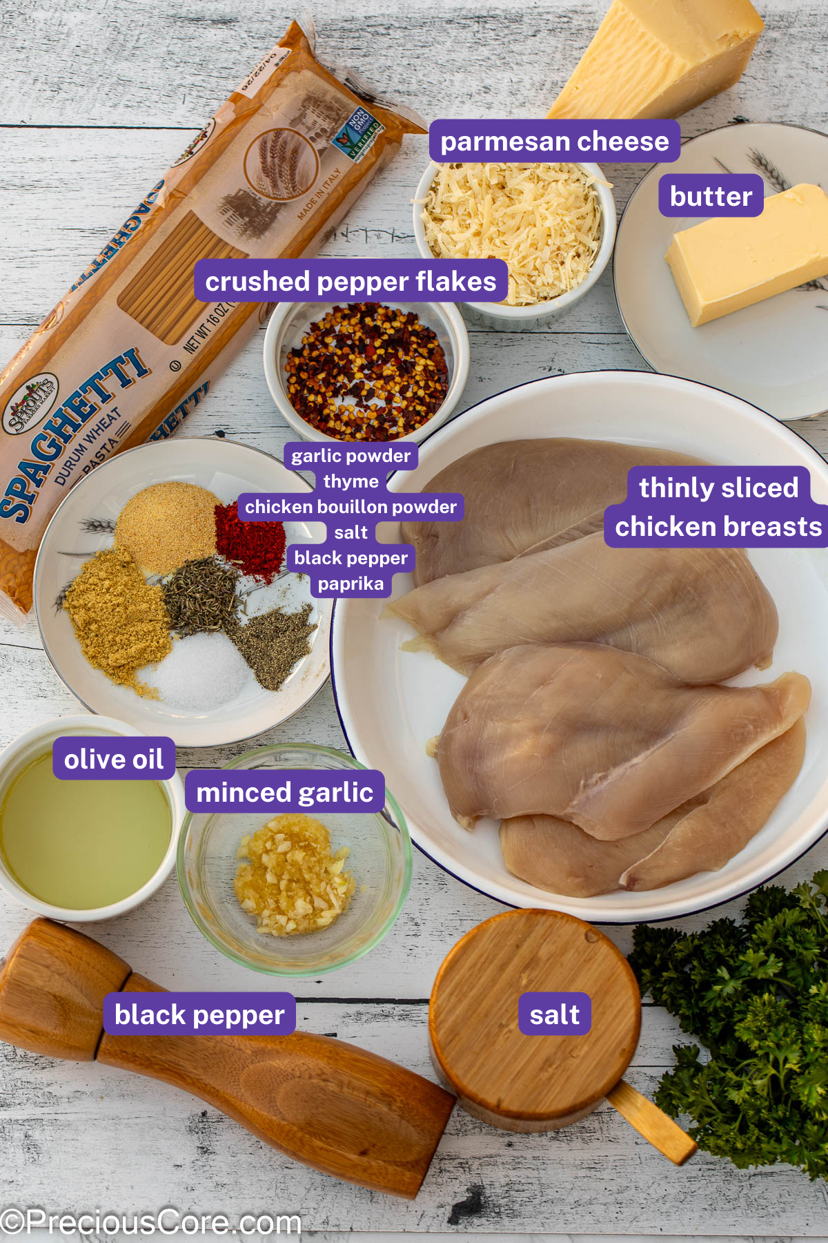 Pasta, chicken, and other ingredients with labels on them.