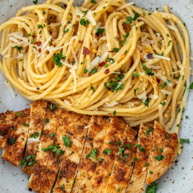 Square image of garlic butter chicken pasta.