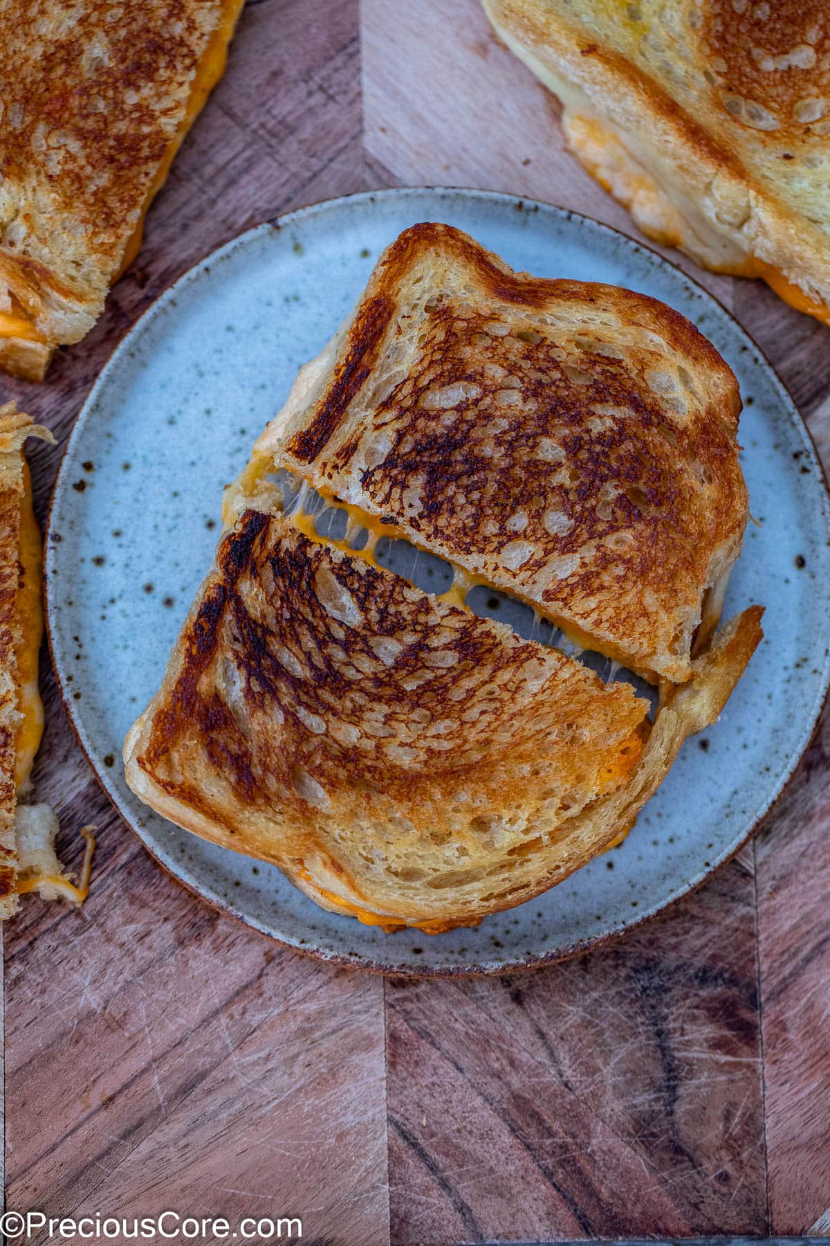 Grilled cheese cut in half on a plate.