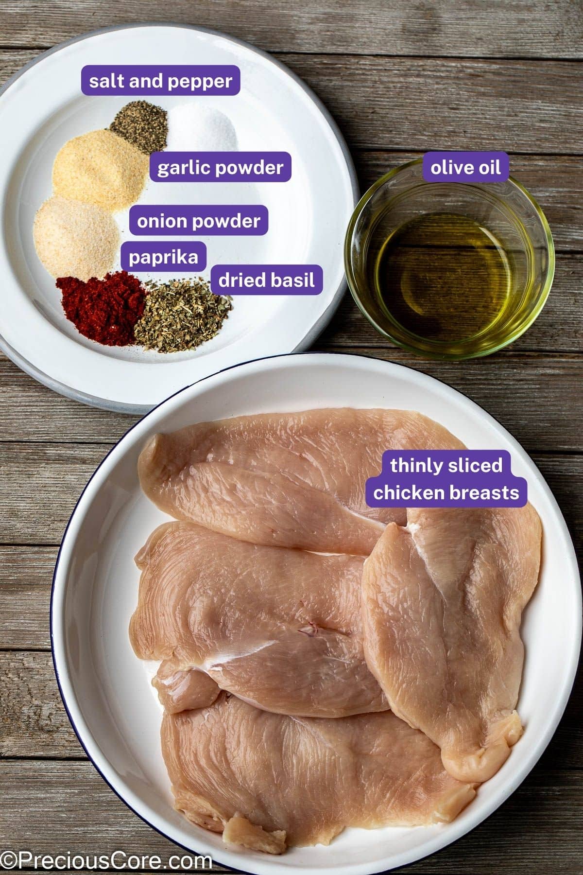 Ingredients for baked chicken with labels on them.