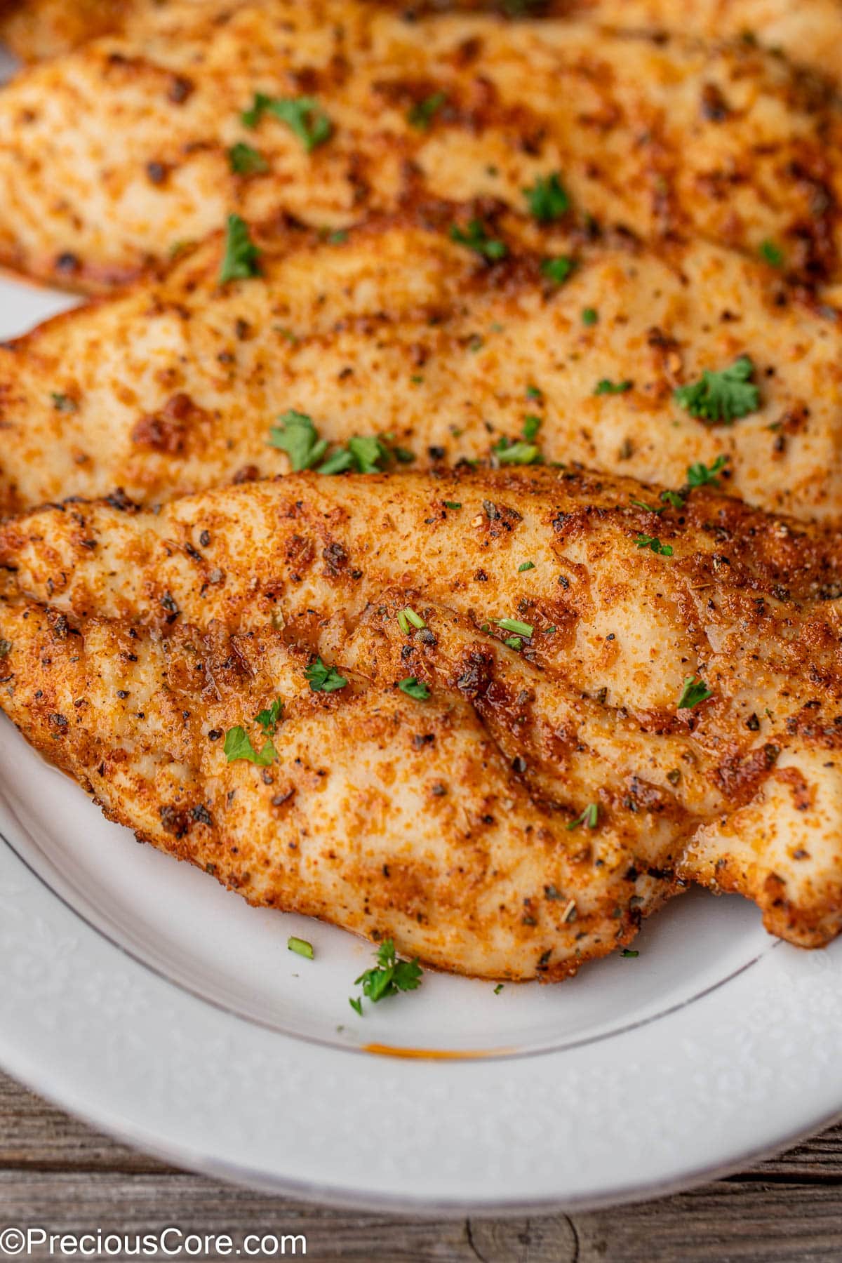 Close-up shot of baked chicken.