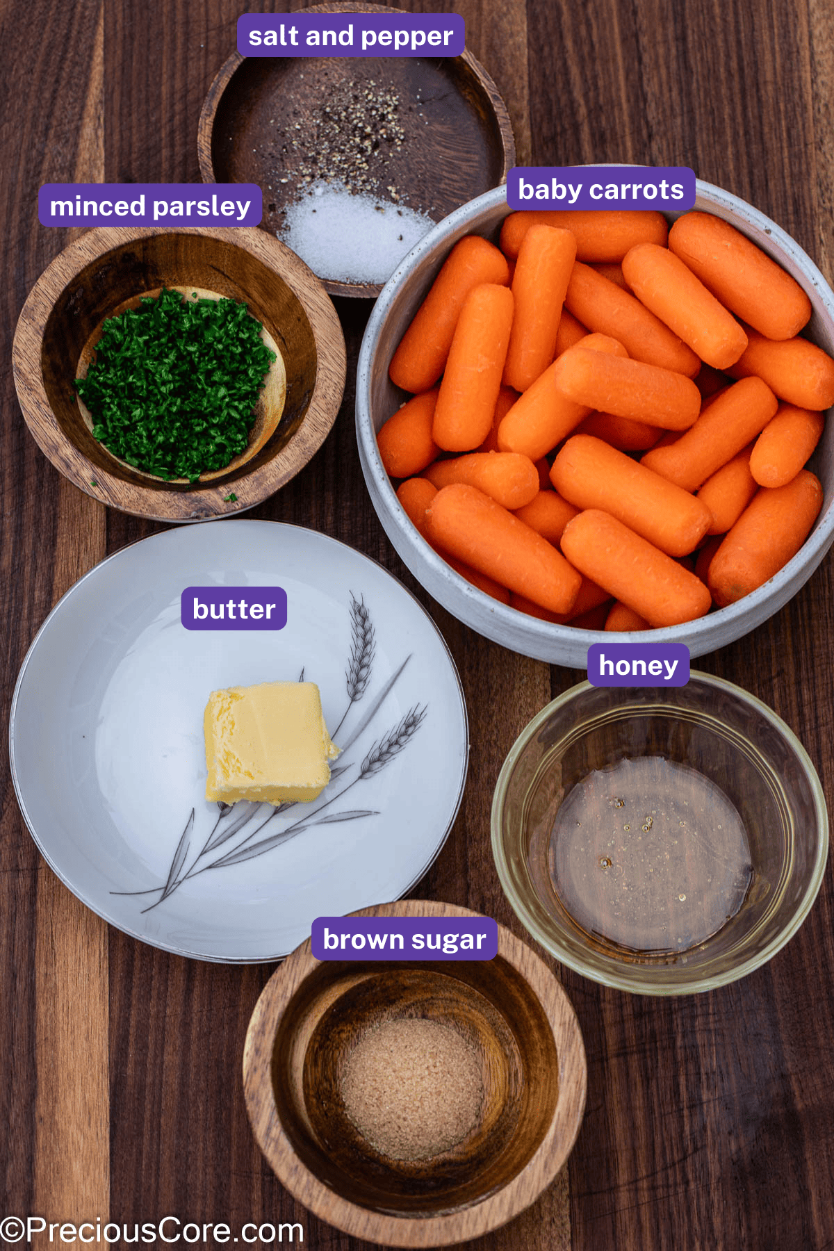 Brown sugar honey glazed carrots ingredients with labels.