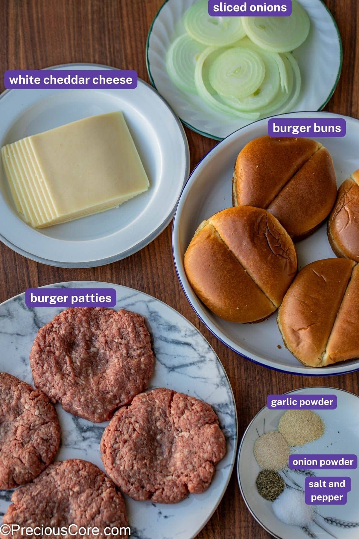 Ingredients for grilled onion cheddar burger with labels on them.