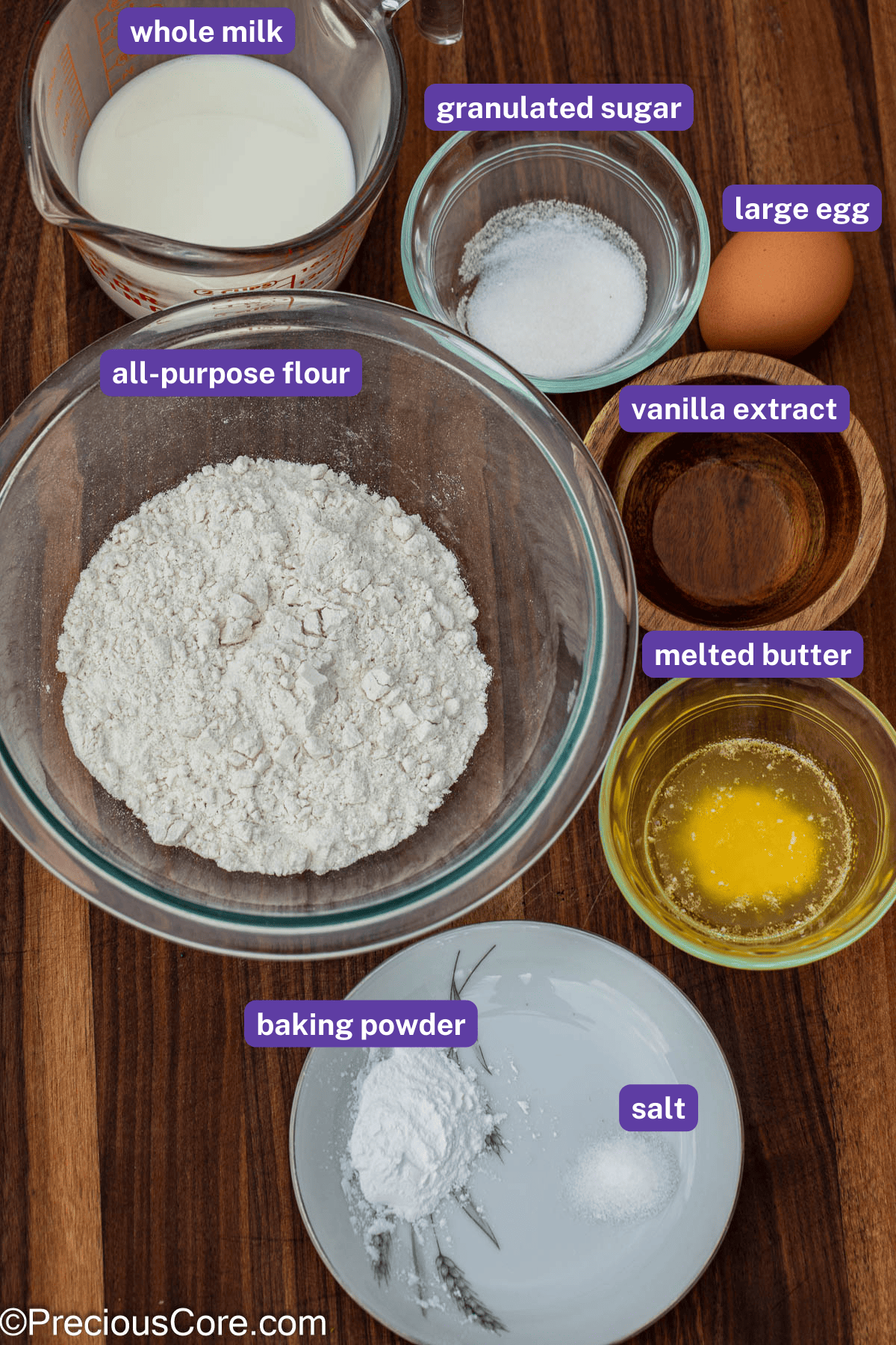 Pancake ingredients with labels on them.