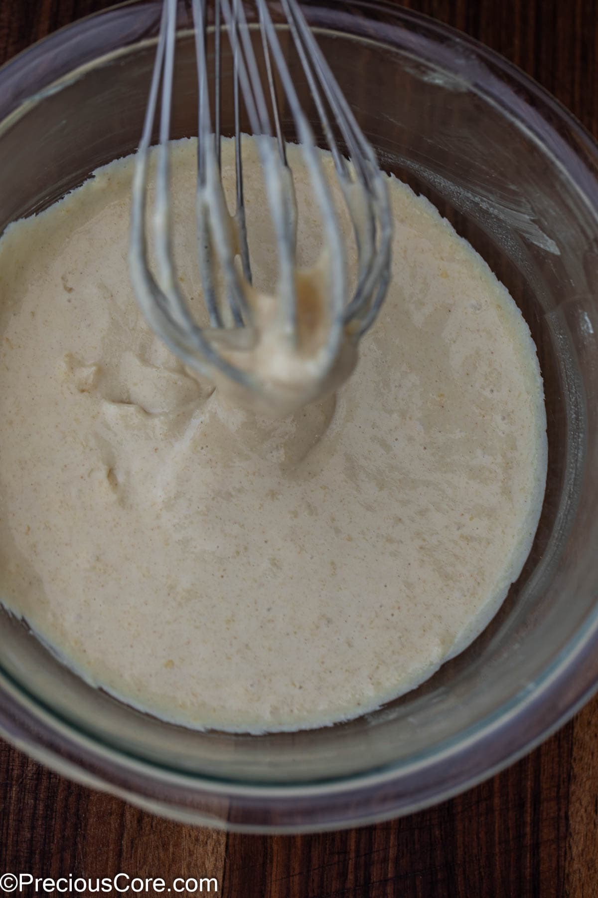 Pancake batter in a mixing bowl.