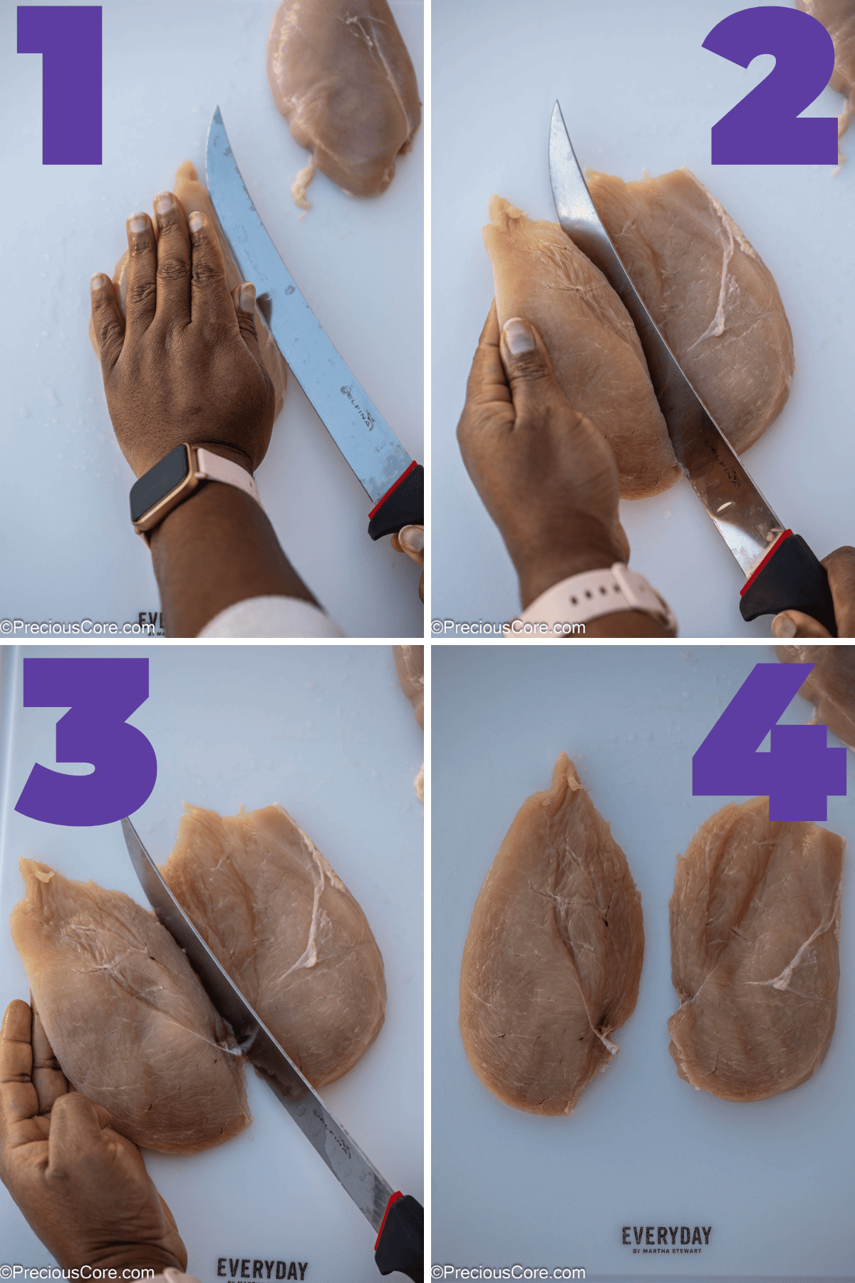 Cutting a chicken breast into thin sliced chicken breasts.