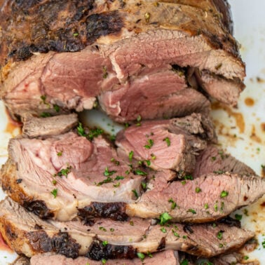 Square image of roasted leg of lamb.