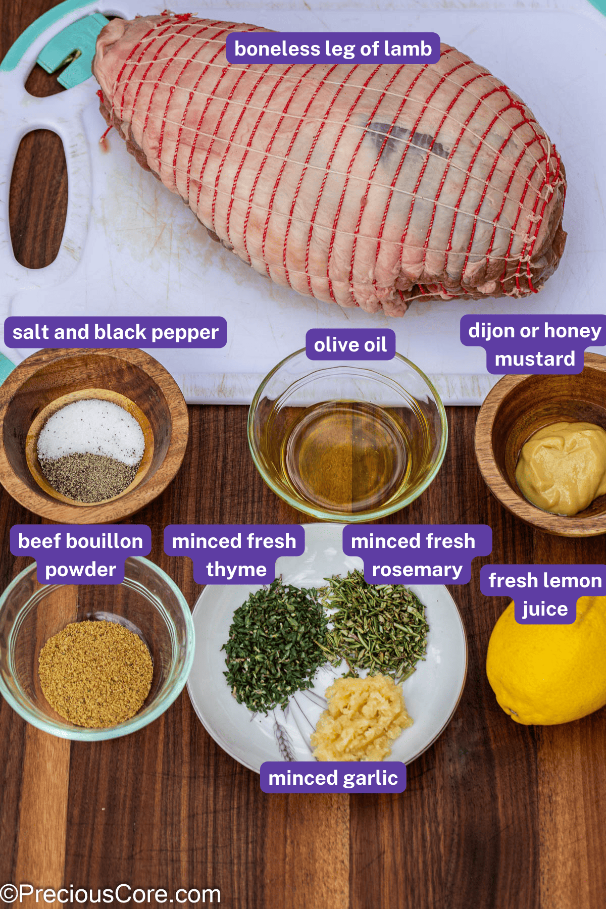 Ingredients for roasted lamb with labels.