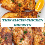 Thinly sliced chicken breasts on a plate.