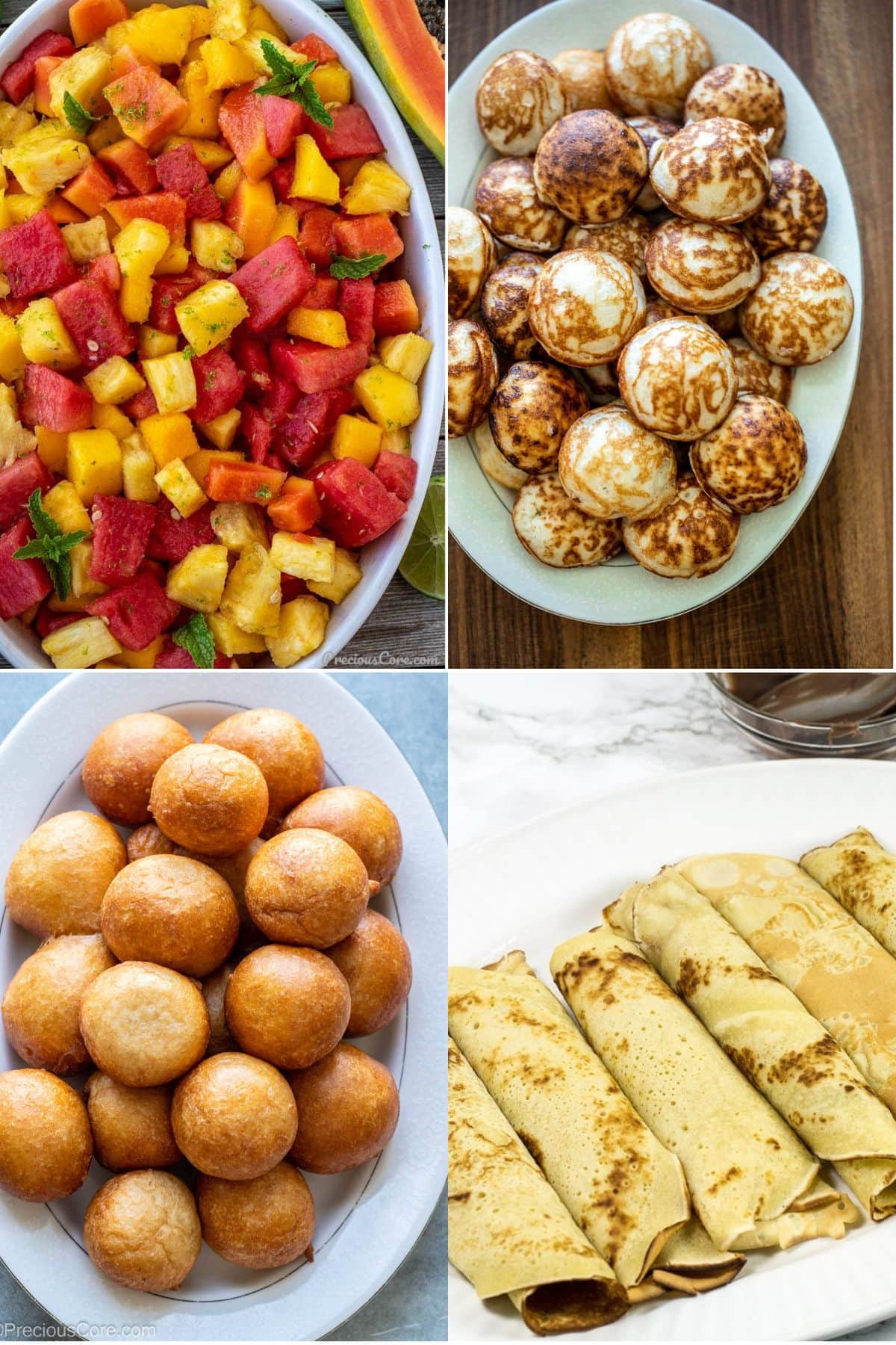 Collage of four African breakfast food recipes including twisted doughnuts and fruit salad.