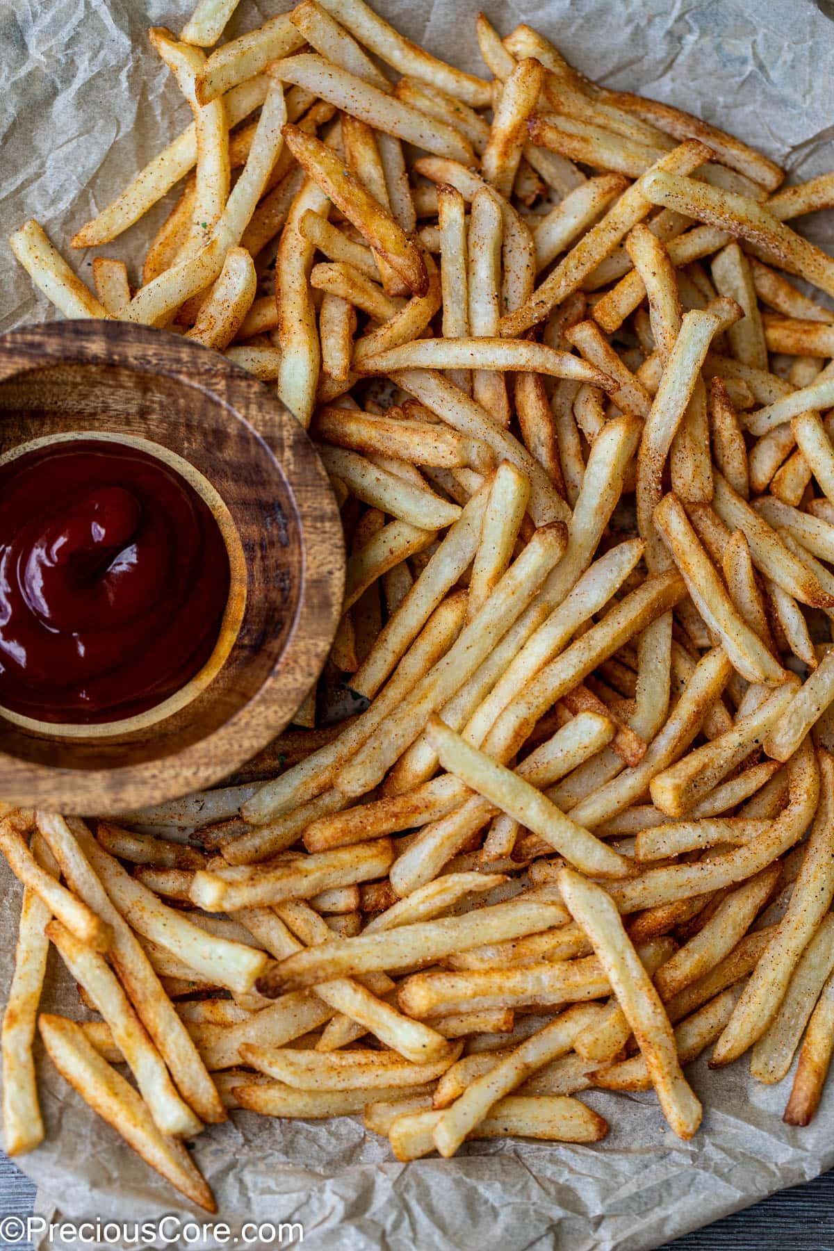 Close-up of fries and ketchup.