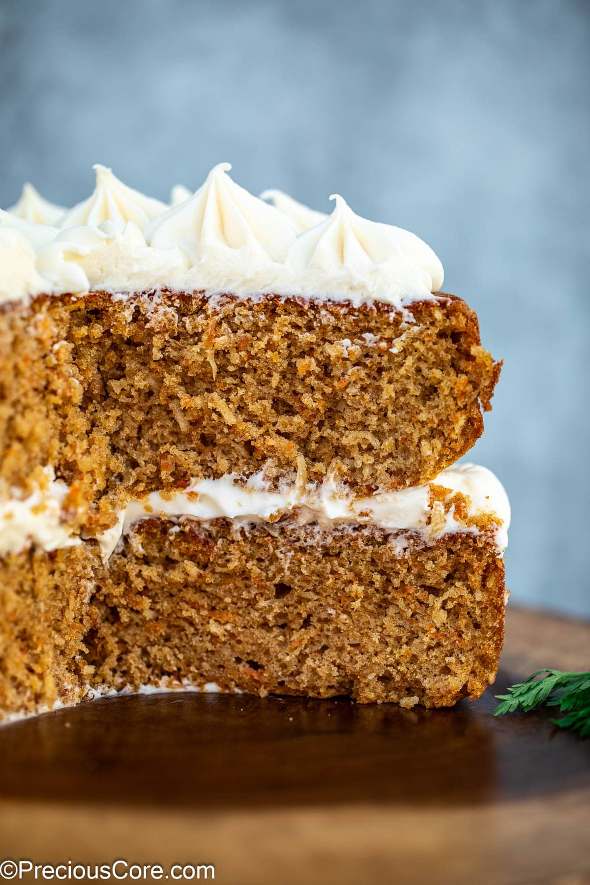Layered carrot cake with cream cheese icing.
