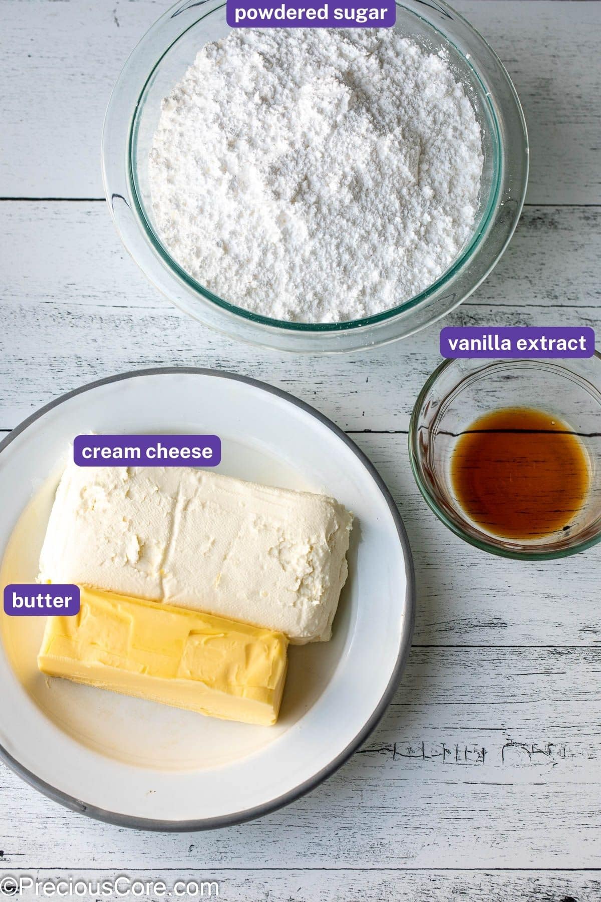Ingredients needed for cream cheese frosting.