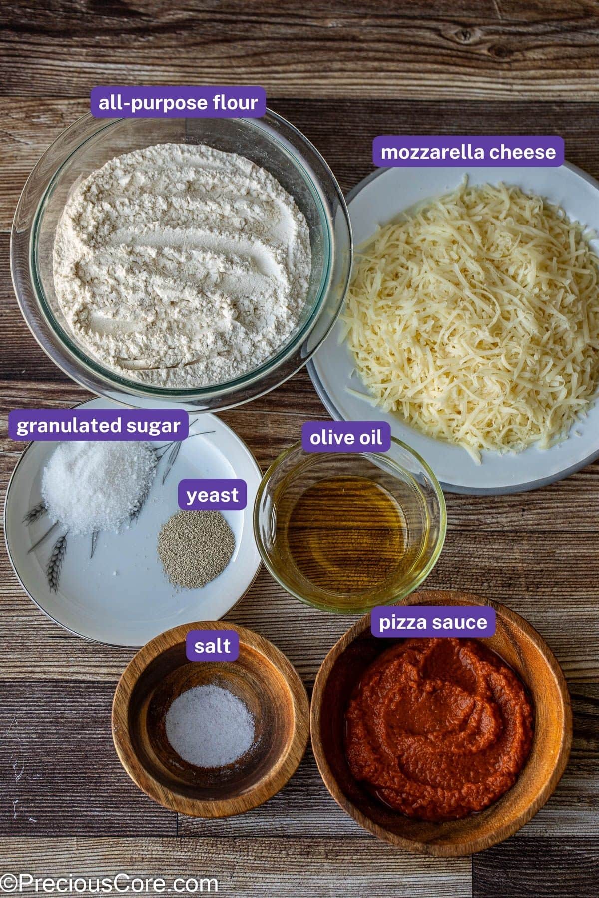 Ingredients for easy homemade pizza with labels on them.