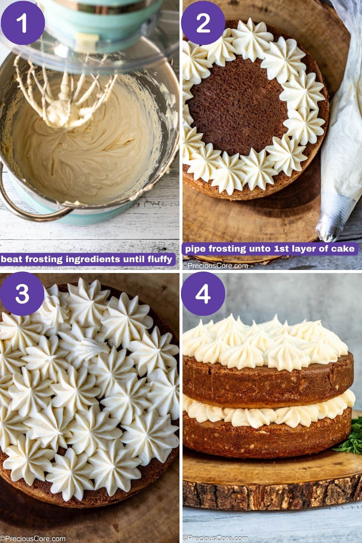 Steps for frosting an old fashioned carrot cake.