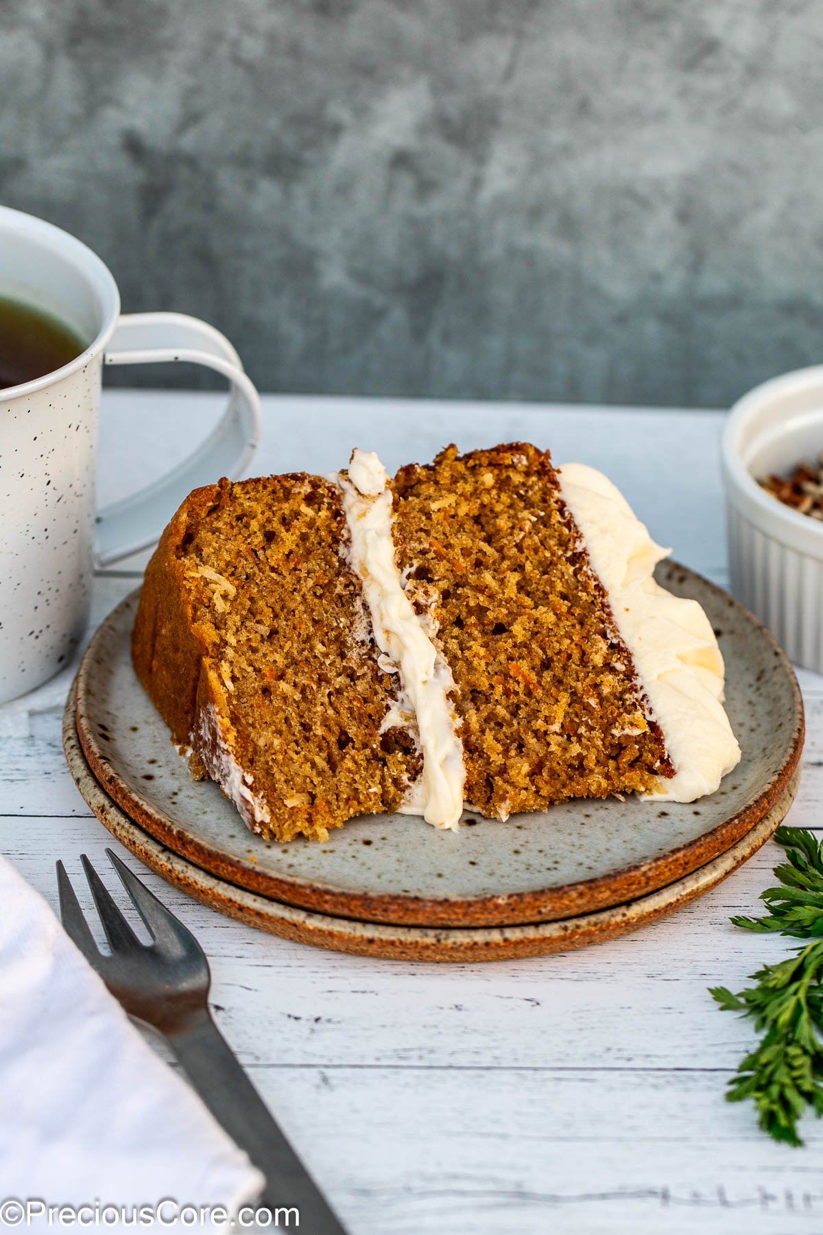 Slices of old fashioned carrot cake.