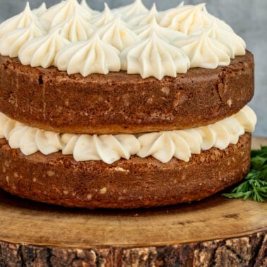 Layered carrot cake with cream cheese frosting.