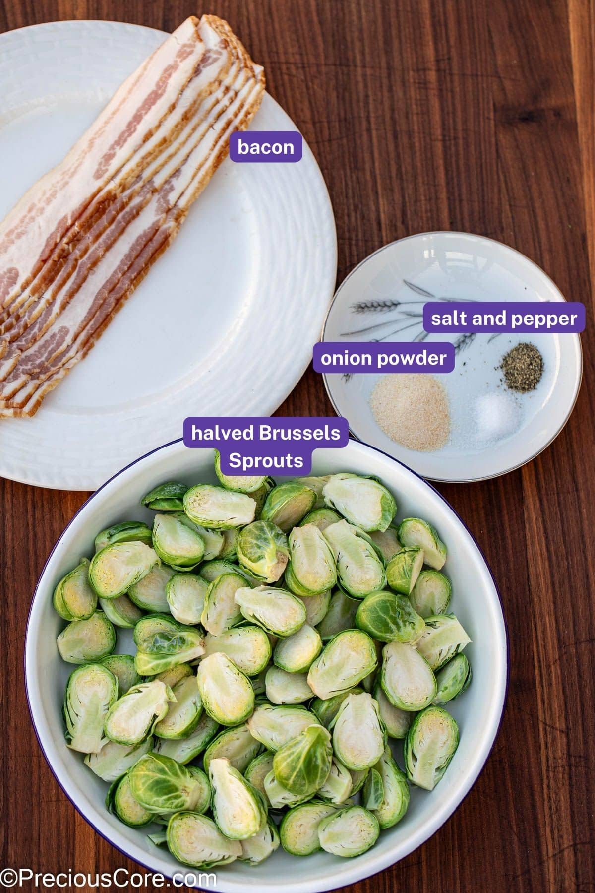 Ingredients for pan-fried Brussels sprouts with bacon with labels.