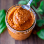 Close-up of pizza sauce made with roasted tomatoes.