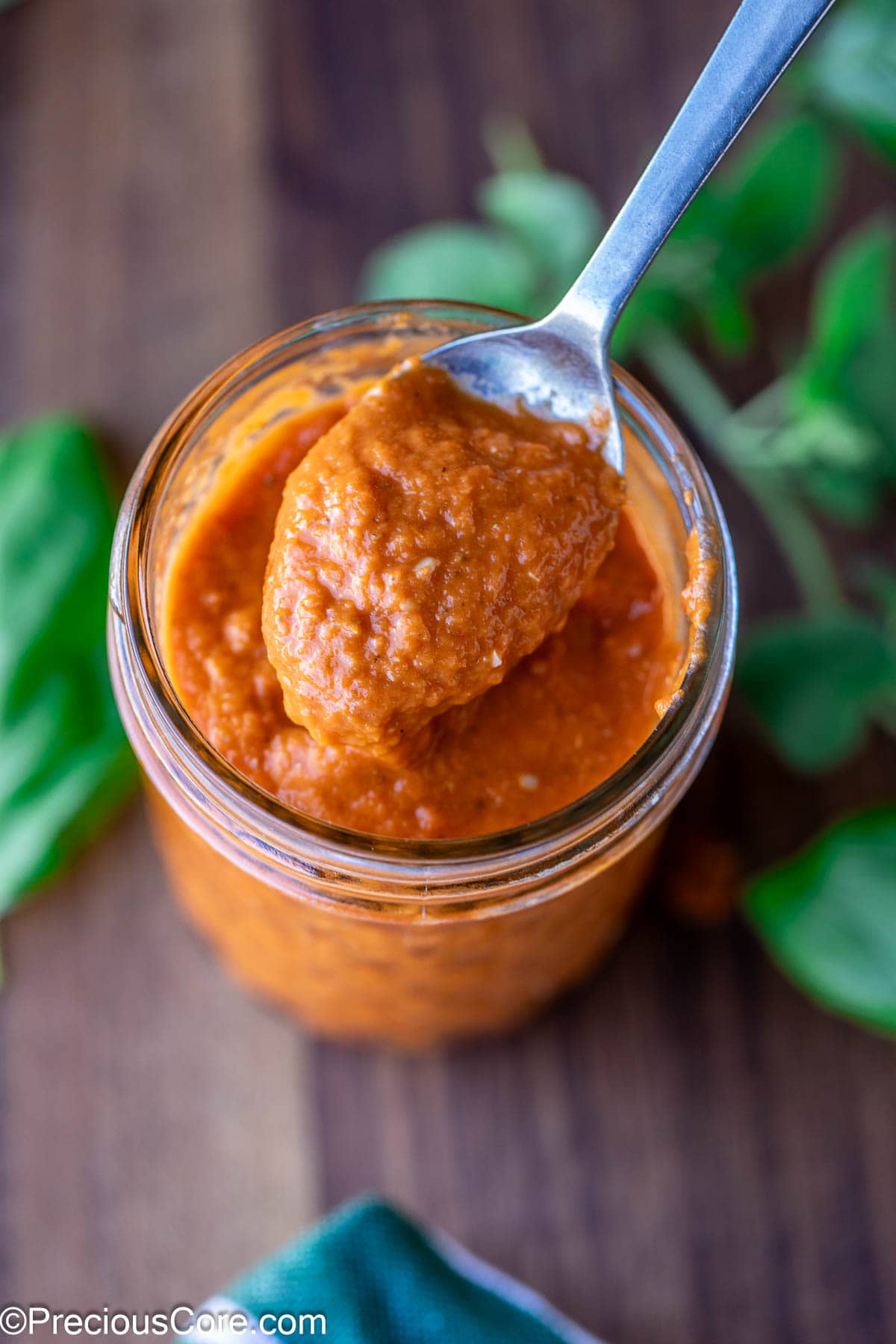 Close-up of pizza sauce made with roasted tomatoes.