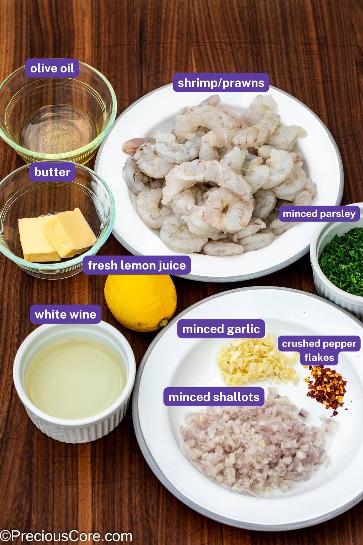 Ingredients for Shrimp In White Wine sauce with labels on them.